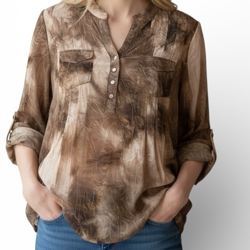 New Directions Brown and Gold Embellished Blouse